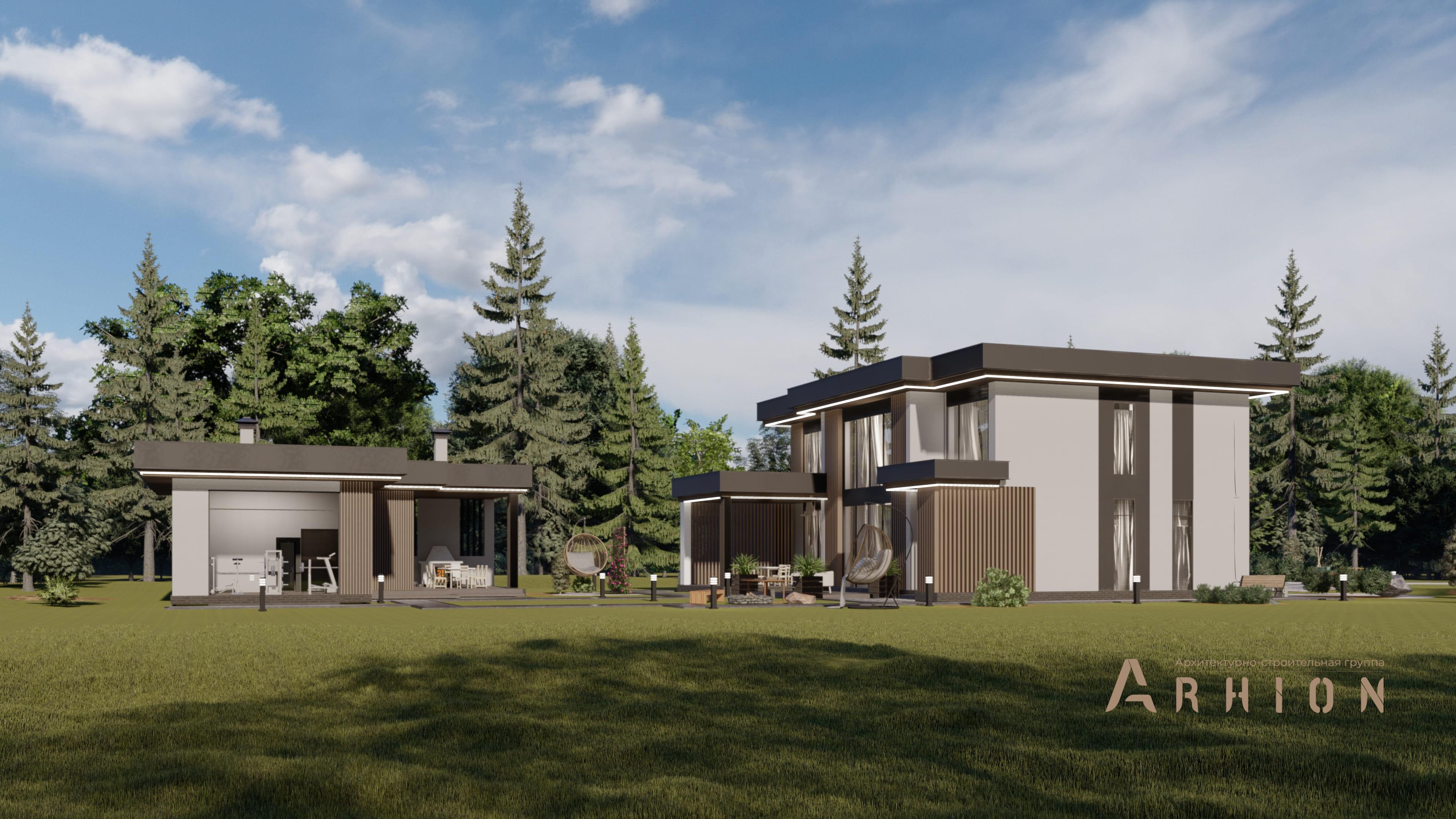 4. Проект двухэтажного дома в стиле хай-тек с плоской кровлей , H-079, площадью - 325 кв c терассой, балконом, гаражом